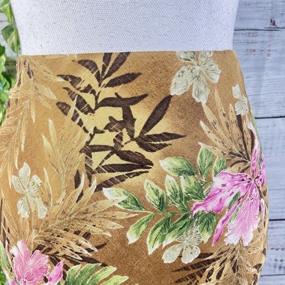 Charter Club Skirt size 16 Brown Green Pink Floral Linen Silk Bias A Line Knee - Picture 5 of 13
